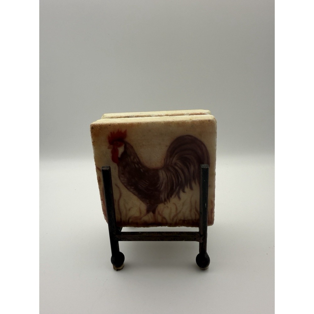 Set 4 Stone Art Coaster Absorbent Stone Chicken Hen Rooster Cork 4" x 4" Stand